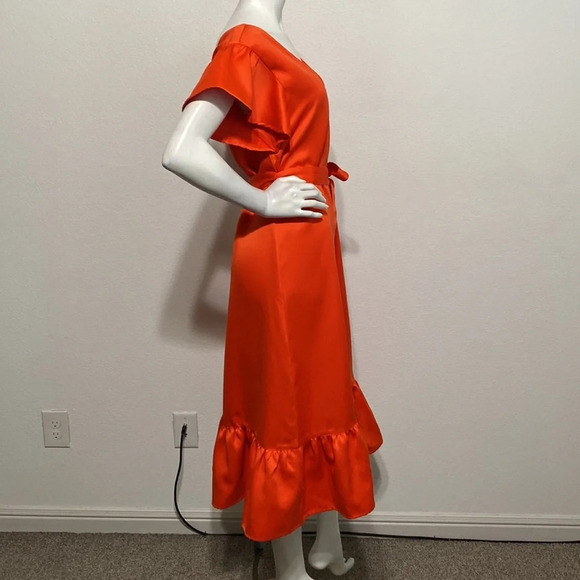 The Drop "NEW" Cherry Tomato Flutter Sleeve Tie Waist Pull On Midi Dress Size M - Picture 6 of 11